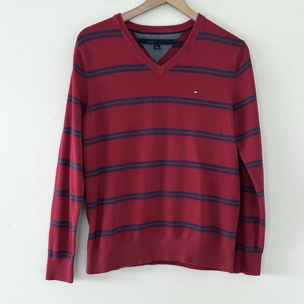 Tommy Hilfiger 100% Cotton V-Neck Sweater Sz M Red/Blue Striped Preppy Academia